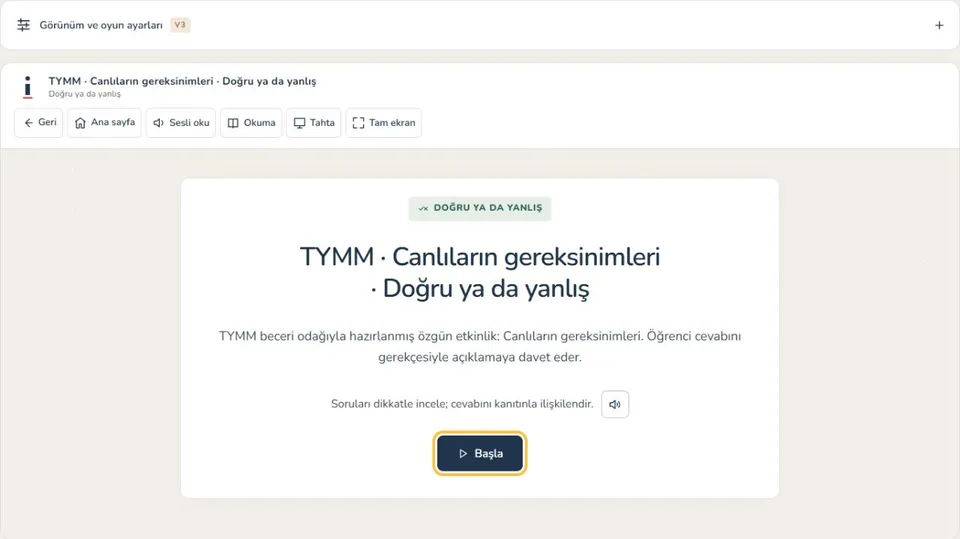 Başla düğmesi ve erişilebilirlik araçları bulunan İlgeç oyun başlangıç ekranı